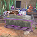 Ancient Chamber Interior With Stone Sarcophagus Wooden Statues And Carved Benches