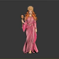Woman In Pink Robe With Golden Headdress Holding Scepter Against Gray Background