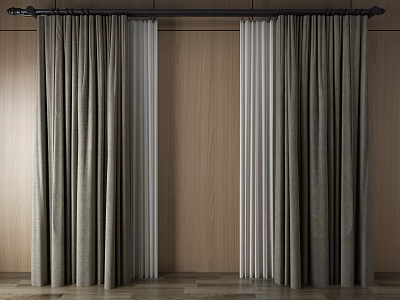 Beige And White Double Layer Curtains With Textured Fabric For Wooden Wall Interior 3d model
