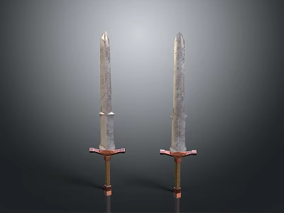 Two Long Swords with Metal Blades Red and Gold Decorative Hilts on Black Background 3d model