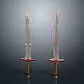 Two Long Swords with Metal Blades Red and Gold Decorative Hilts on Black Background