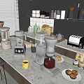 Stylish Kitchen Countertop With Coffee Maker Blender Toaster Mugs Jars Cookies And Shelf