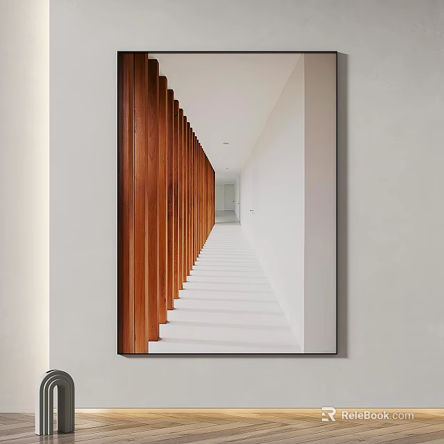 Modern Minimalist Corridor Design With Wooden Vertical Panels White Walls And Steps 3d model 