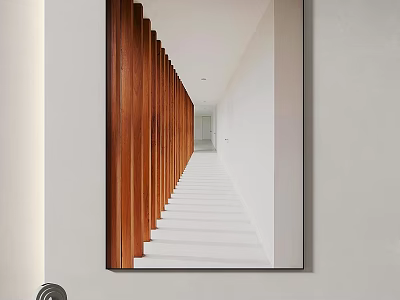 Modern Minimalist Corridor Design With Wooden Vertical Panels White Walls And Steps 3d model