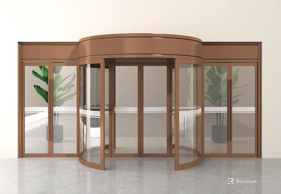 Modern Revolving Door With Bronze Frame Glass Panels And Potted Plants 3d model 
