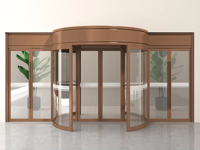 Modern Revolving Door With Bronze Frame Glass Panels And Potted Plants 3d model