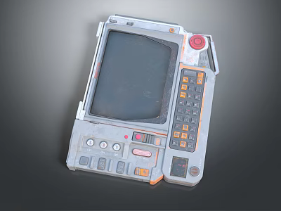 Vintage Portable Computer Terminal With Gray Casing Black Screen Orange Keypad And Red Button 3d model