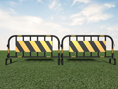 Iron Barriers With Yellow And Black Stripes On Green Grass Under Blue Sky 3d model
