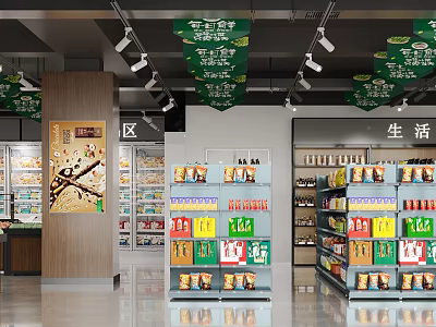 Modern Supermarket Interior With Shelves Displayed Products Section Signs And Bright Lighting 3d model
