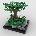 Detailed Building Block Tree Model With Green Leaves Brown Trunk And Black Base