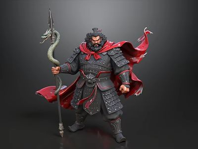 Man in Ancient Warrior Armor Holding Snake Headed Spear with Red Flowing Cape 3d model