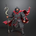 Man in Ancient Warrior Armor Holding Snake Headed Spear with Red Flowing Cape