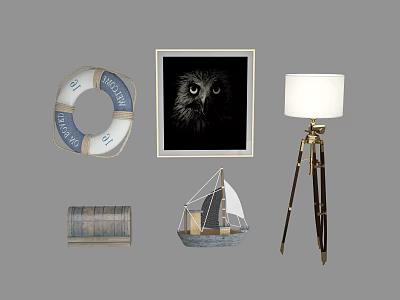 Decorative Ornament Set With Lifebuoy Framed Owl Painting Floor Lamp Sailboat Model And Metal Bucket 3d model