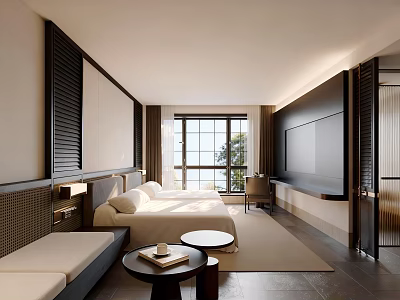 Modern Hotel Room Interior With King Bed Large Window And Scenic View 3d model