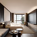 Modern Hotel Room Interior With King Bed Large Window And Scenic View