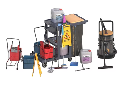 Essential Cleaning Tools Including Cart Mop Bucket Warning Sign And Vacuum Cleaner 3d model