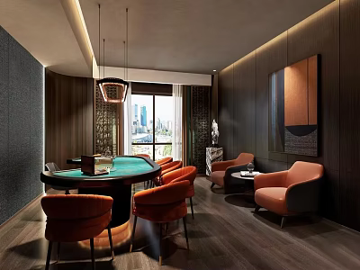 Modern Hotel Mahjong Room With Green Gaming Table Orange Chairs City View And Decorative Art 3d model
