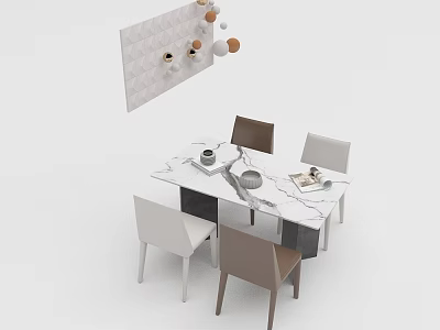 Modern Dining Table Set With Marble Top White Brown Chairs Cups Magazines And Wall Decorations 3d model