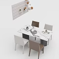 Modern Dining Table Set With Marble Top White Brown Chairs Cups Magazines And Wall Decorations