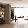 Modern Restaurant Interior With Wooden Elements Dining Table Chairs Natural Light Plants And Books