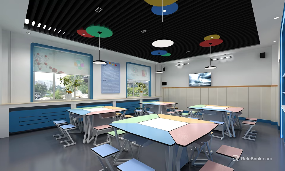 School Classroom Interior With Colorful Tables Chairs And Circular Pendant Lights 3d model 