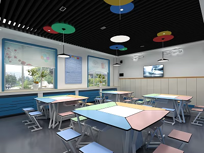 School Classroom Interior With Colorful Tables Chairs And Circular Pendant Lights 3d model
