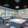 School Classroom Interior With Colorful Tables Chairs And Circular Pendant Lights