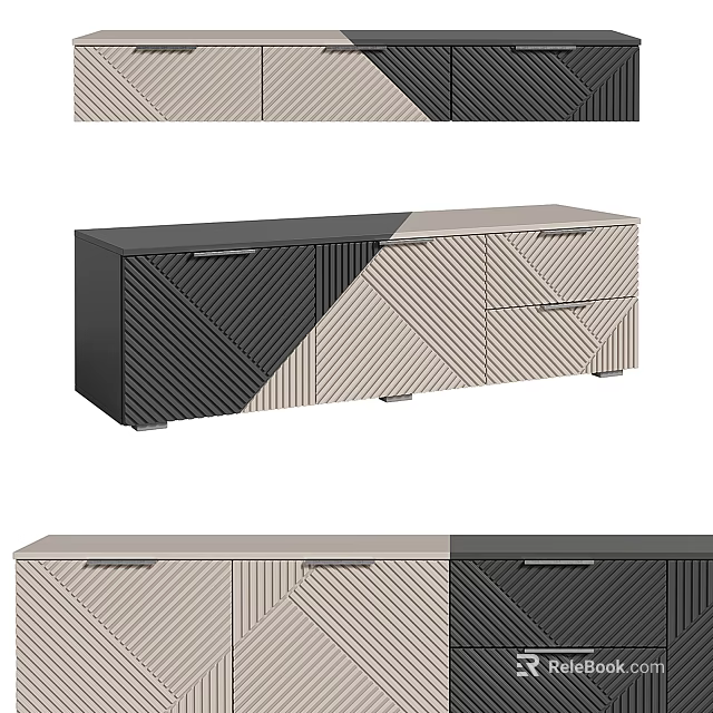 Modern TV Stand With Geometric Patterns Two Tone Design Storage Drawers And Cabinets 3d model