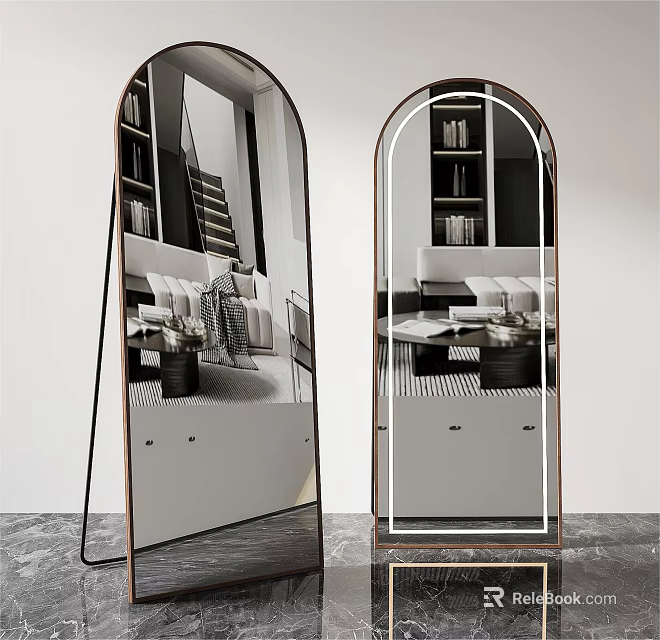 Arched Floor Standing Mirror with Wood Frame Reflecting Modern Living Room Sofa and Bookshelf 3d model 