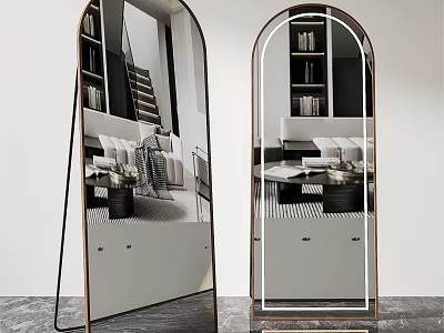 Arched Floor Standing Mirror with Wood Frame Reflecting Modern Living Room Sofa and Bookshelf 3d model
