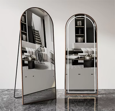 Arched Floor Standing Mirror with Wood Frame Reflecting Modern Living Room Sofa and Bookshelf 3d model