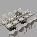 Modern Dining Table Set With Gray Upholstered Chairs Tableware And Floral Centerpiece
