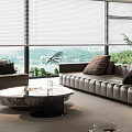 Modern Open Living Dining Room Interior With Large Windows Leather Sofa And Dark Cushions