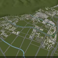 Bird's Eye View Urban Planning With Road Network Buildings Green Spaces And Waterways
