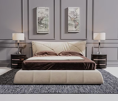 Modern Double Bed with Beige Mattress Nightstands Lamps and World Map Artworks on Grey Walls 3d model