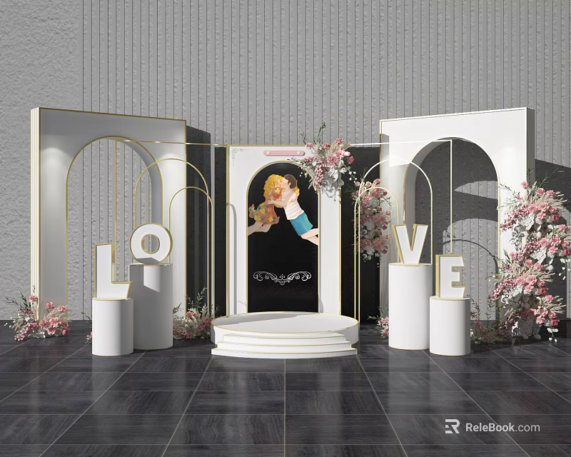 Wedding Decor Scene With LOVE Letters Arch Structures And Pink Flowers 3d model 