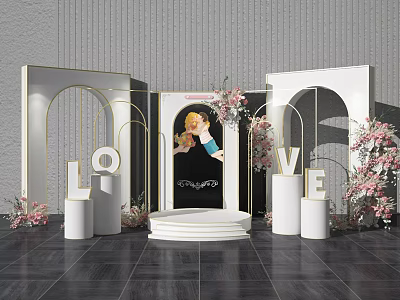 Wedding Decor Scene With LOVE Letters Arch Structures And Pink Flowers 3d model