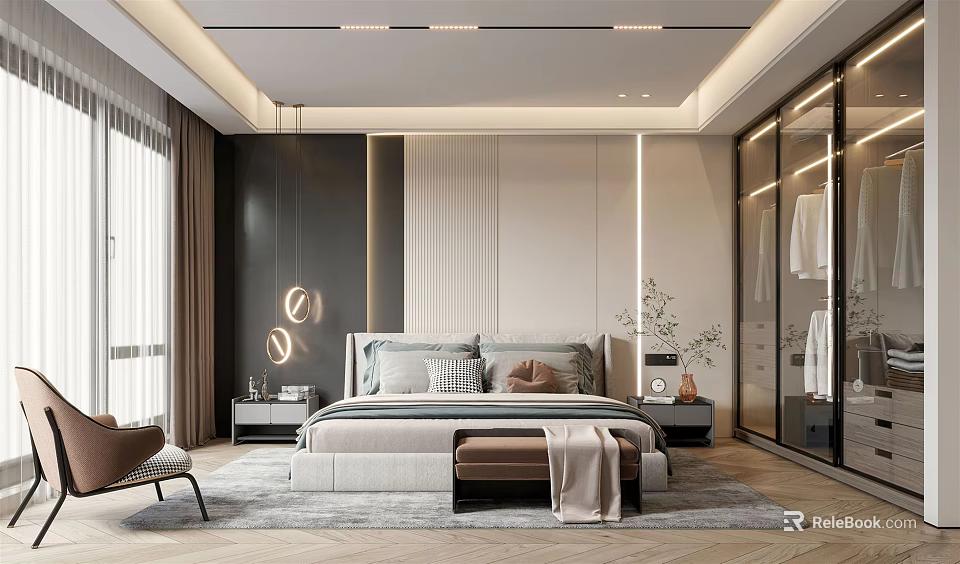 Modern Bedroom Interior Design With Upholstered Bed Glass Wardrobe And Ambient Lighting 3d model 