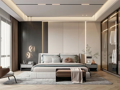 Modern Bedroom Interior Design With Upholstered Bed Glass Wardrobe And Ambient Lighting 3d model