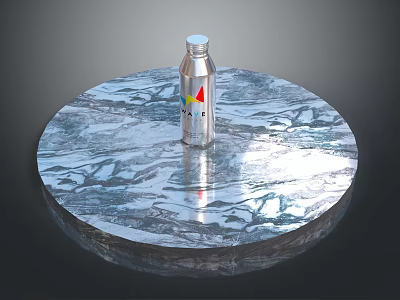 Sculpture Carving Of Silver Bottle On Circular Marble Texture Platform With Colorful Logo 3d model