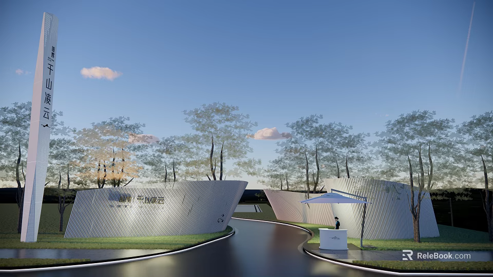 Modern Scenic Feature Wall Design With Striped Texture Trees Grass And Pathway 3d model 