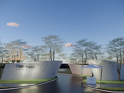 Modern Scenic Feature Wall Design With Striped Texture Trees Grass And Pathway 3d model