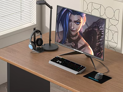 Gaming Computer Desktop Setup Displaying Game Character With Monitor Keyboard Mouse And Headphones 3d model