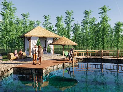 Modern Park Bamboo Culture Park Landscape Fishing Lotus Pond Bamboo Forest Landscape Thatched Pavilion Bamboo Railing Bamboo Platform model