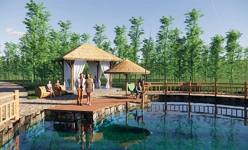 Modern Park Bamboo Culture Park Landscape Fishing Lotus Pond Bamboo Forest Landscape Thatched Pavilion Bamboo Railing Bamboo Platform 3d model