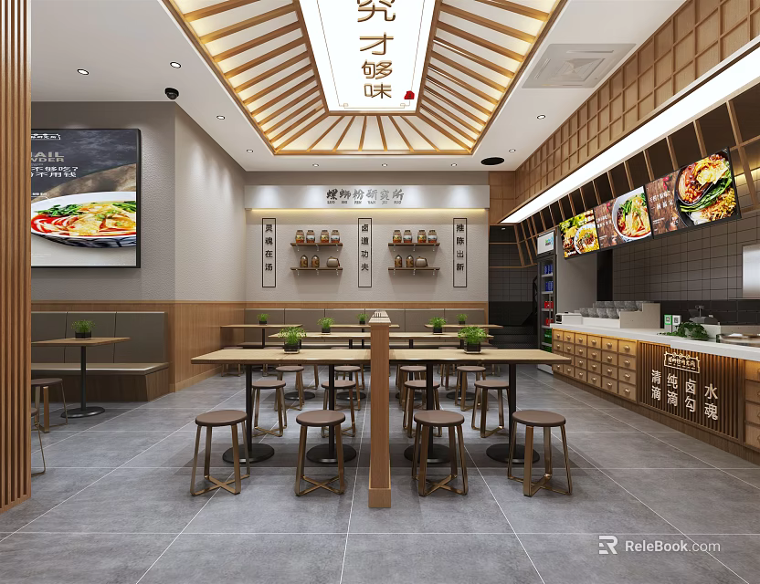 Traditional Chinese Restaurant Interior With Wooden Ceiling Long Tables Menu Display And TV Screen 3d model 