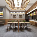 Traditional Chinese Restaurant Interior With Wooden Ceiling Long Tables Menu Display And TV Screen