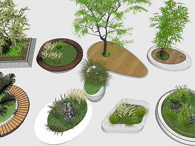 Various Shaped Tree Planters With Wooden Stone Borders And Lush Green Plants 3d model
