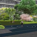 Modern Building Outdoor Shopping Area With Storefronts Seating Umbrellas Green Planters And Pedestrians
