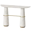 Elegant Console Table With Marble Top White Pink Cylindrical Legs And Gold Metal Rings
